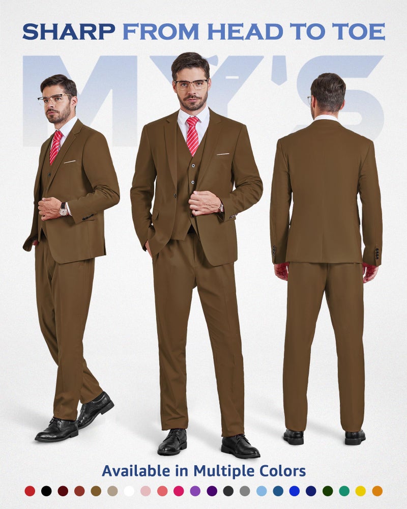 MYS Men's Blazer Vest Pants Set, Solid Party Wedding Dress, One Button Jacket Waistcoat and Trousers, 3 Piece Slim Fit Suit with Tie Khaki - Image 2